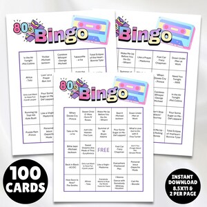 printable 1980s music party bingo cards 100 unique cards instructions and a Spotify music playlist all you have to do is print, and click on the link to set up the game, great for birthdays, 80s parties, senior centers retro parties and more 1980s greatest hits bingo!