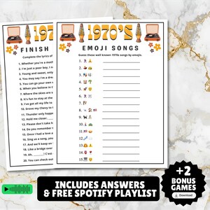 printable 1970s themed finish the song, find a guest who music icebreaker game, and 1970s emoji pictionary printable games with answers and Spotify playlist great for birthdays, seniors, church, classroom and baby showers or wedding showers.