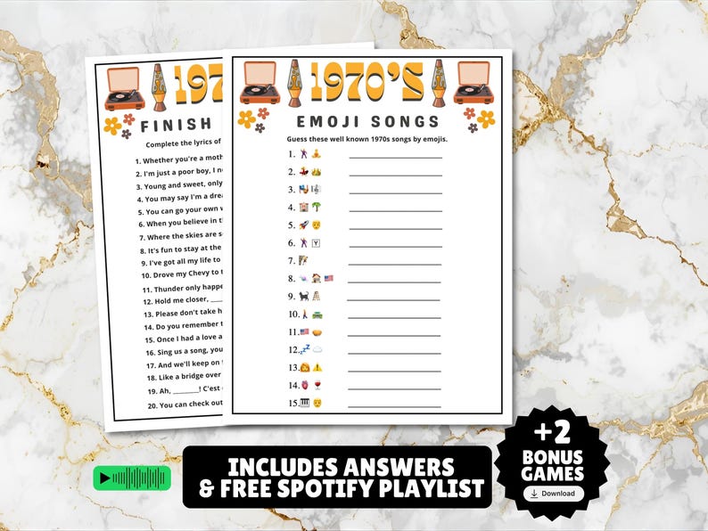 printable 1970s themed finish the song, find a guest who music icebreaker game, and 1970s emoji pictionary printable games with answers and Spotify playlist great for birthdays, seniors, church, classroom and baby showers or wedding showers.