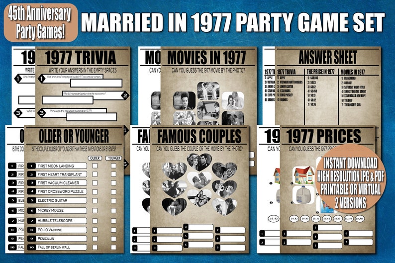 45th Anniversary Party Games,45th Wedding Party, Married In 1977, 1977 Wedding Games, 1977 Wedding Party, 45th Party Decor,Printable Games 