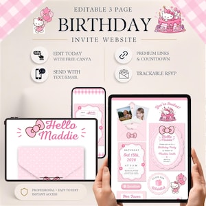 May include: An editable 3-page birthday invitation website template featuring a pink Hello Kitty theme. The digital display shows customisable layouts with text fields for names, dates, and locations, including icons for RSVP, countdowns, and links.