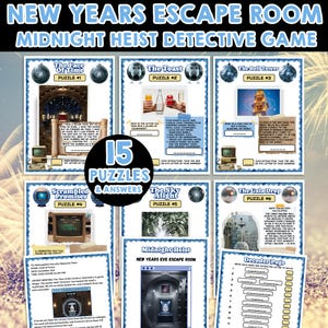 May include: A New Year's Eve Escape Room game titled "Midnight Heist Detective Game." The game features 15 puzzles and answers. The puzzles are presented on blue cards with different themes and text. The game is designed for those who enjoy detective games.