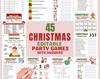 Könnte beinhalten: Ein Set mit 45 druckbaren Weihnachts-Partyspielen mit Antworten. Die Spiele beinhalten ein schnelles Weihnachts-Fehdenspiel, Bonbon-Würfel, Emoji-Pictionary, Weihnachtsmann-Witze, Finde jemanden, der Bingo spielt, Weihnachtsbräuche, Was ist im Strumpf, Schätze den Preis, Weihnachts-Kreuzworträtsel und Lied-Pictionary.
