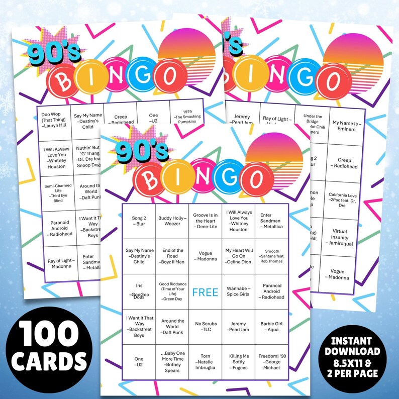 100 printable 1990s music greatest hits bingo cards with a linked Spotify playlist, simply print the cards, open the playlist link and you're ready to party and sing along to the hits from the 90s great for birthdays, seniors, theme parties, church events, office parties and gatherings.