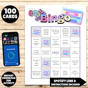 printable 1980s music party bingo cards 100 unique cards instructions and a Spotify music playlist all you have to do is print, and click on the link to set up the game, great for birthdays, 80s parties, senior centers retro parties and more 1980s greatest hits bingo!