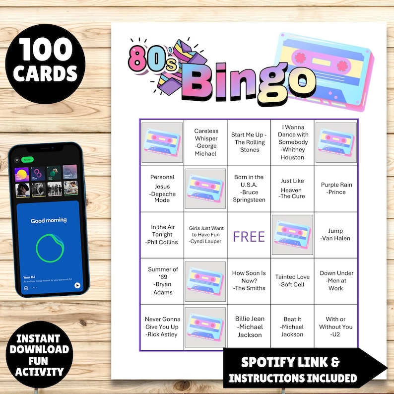 printable 1980s music party bingo cards 100 unique cards instructions and a Spotify music playlist all you have to do is print, and click on the link to set up the game, great for birthdays, 80s parties, senior centers retro parties and more 1980s greatest hits bingo!