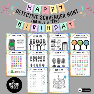 以下が含まれることがあります： 子供と10代向けの、誕生日のテーマのカラフルな探偵宝探しゲーム。画像には、迷路やコードなど、さまざまなパズルを含む24の屋内手がかりが表示されています。「Happy Detective Scavenger Hunt Birthday」と書かれたバナーがあります。