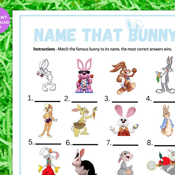 Easter Printable Name Famous Bunny Game | Adults Kids Idea | Fun Family Activity | Classroom Work Seniors Party Trivia Quiz  | Instant