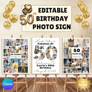 50th Birthday Photo Collage Editable Sign Template | Printable Bday Welcome Sign Custom Gift For Her Him | Personalize Canva Photo Template