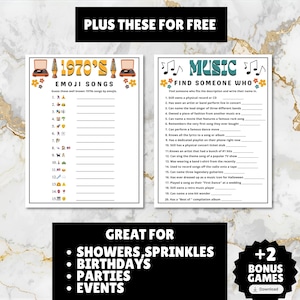 printable 1970s themed finish the song, find a guest who music icebreaker game, and 1970s emoji pictionary printable games with answers and Spotify playlist great for birthdays, seniors, church, classroom and baby showers or wedding showers.