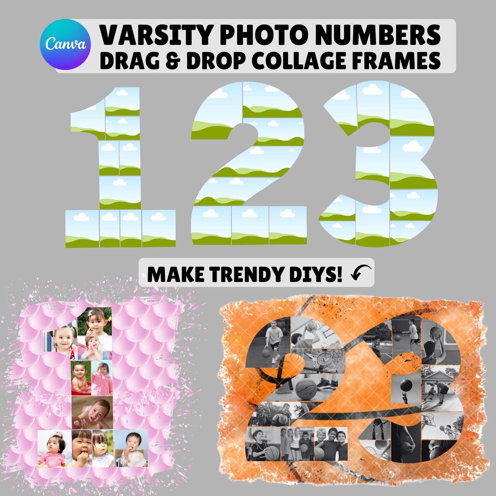 Editable Number Photo Collage Template for Canva | Drag and Drop ...