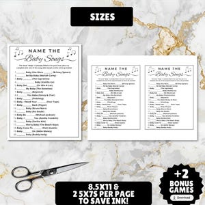 guess the baby song name the baby song printable music trivia game for baby showers and baby sprinkles, fun activity for newborn moms and mommy to be comes with 2 bonus games and a linked Spotify playlist for free with matching songs, guess the baby song name, answers included, just print and play