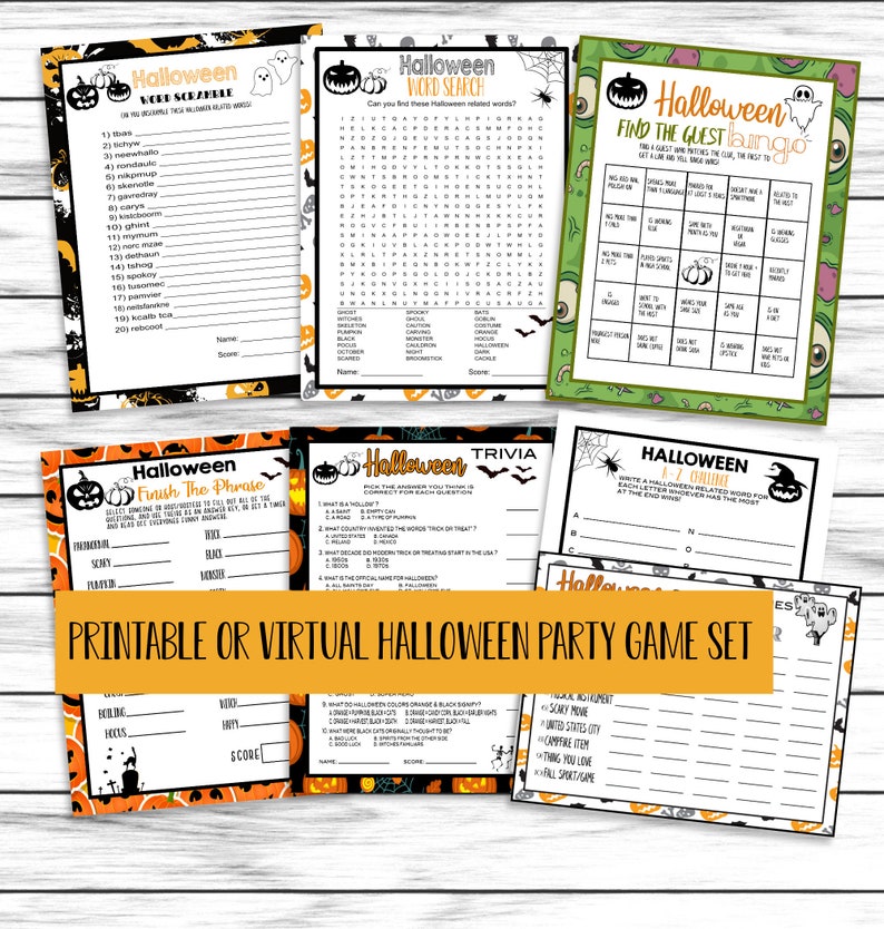 Halloween Party Games, Halloween Game Set, Trivia , Scattergories, Word Search, Family Games, Printable or Virtual Games, Instant Download image 1