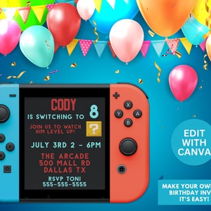 Videospiel Geburtstagseinladung Vorlage zum ausdrucken, Switch Arcade Party bearbeitbar, einladen Kids Bday Party, Instant Download