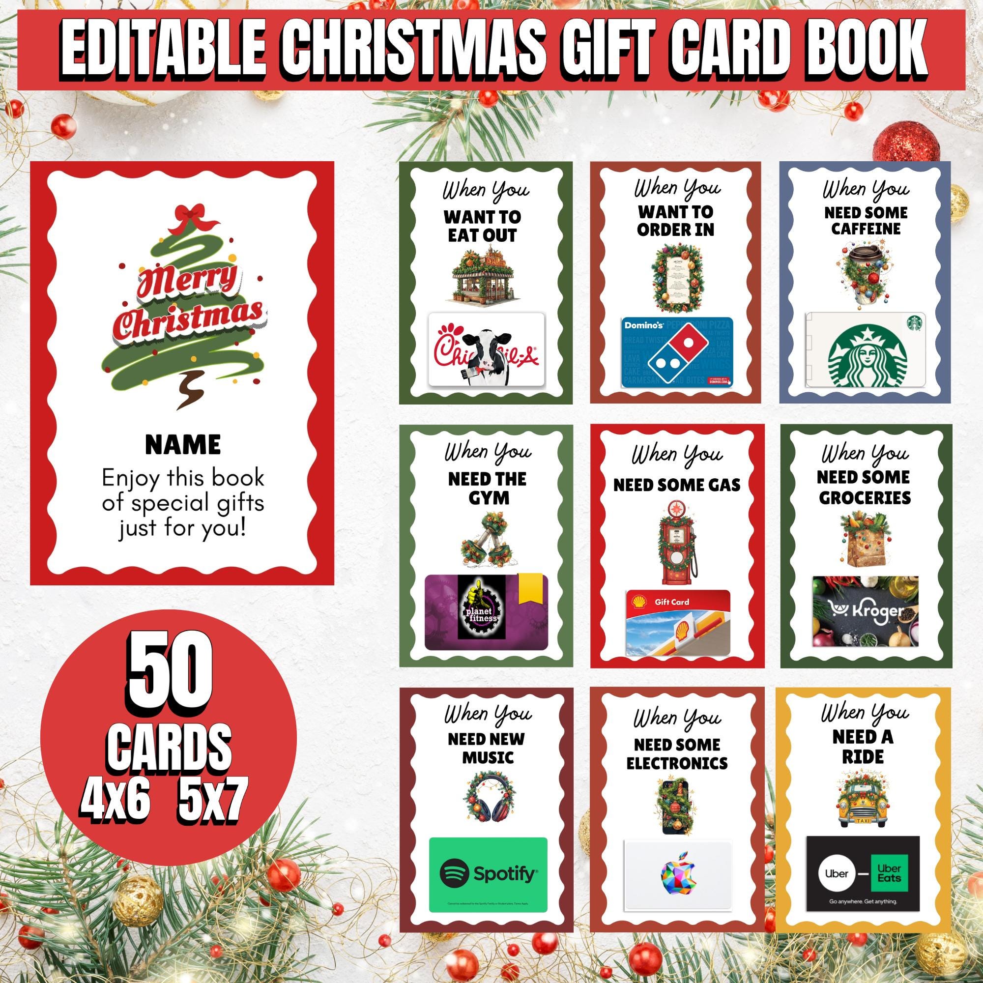 Editable Christmas Gift Card Book Template, 50 Printable Gift Card ...