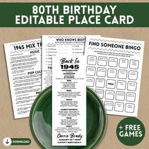 80er Geburtstag Tischkarten Spiele | Bearbeitbare 80er Jahre Partydekoration | Geburtstag 1945 Tischkarten Geschenke für sie ihn zurück 1945 Nachrichten