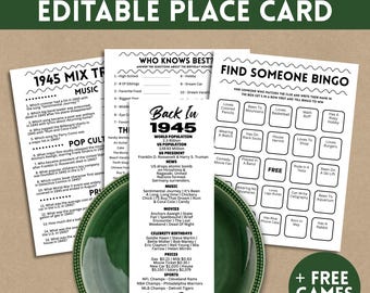 May include: An 80th birthday editable place card with the text "1945 Mix Trivia" and "Find Someone Bingo". The card includes trivia questions, bingo clues, and the text "+ FREE GAMES".