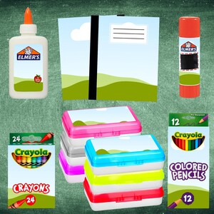 May include: A collection of school supplies including Elmer's glue, a notebook, a glue stick, Crayola crayons (24 count), pencil boxes, and Crayola colored pencils (12 count). The items are arranged on a green chalkboard background.