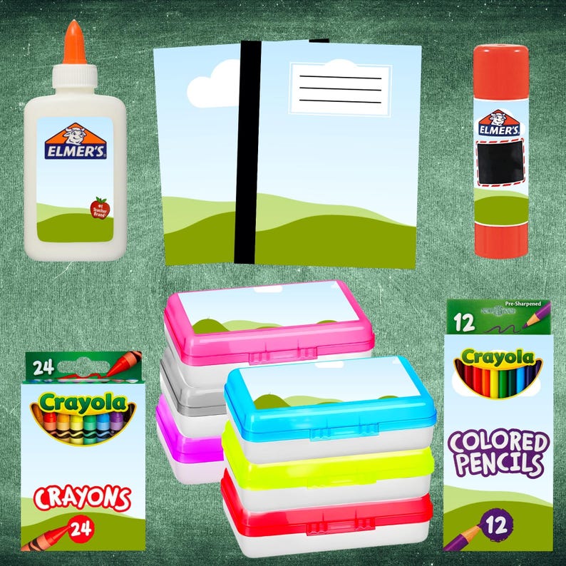 Drag and drop canva school supplies photo mockup template great for listings or displays easy to use with free or pro canva account simply sign in, drag and drop your own designs easily delete any items you don't need in layers and download and share to social media or for your etsy listings. Includes school glue, glue stick, composition book, crayons, colored pencils, and pencil case.