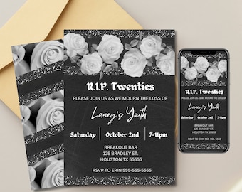 RIP To My 20s Invitation Template | Rest In Peace Twenties Funny Gothic Black And White Roses 30th Birthday Invite | Editable Template