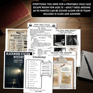 Detective train station murder mystery escape room printable cold case mystery game for teens & adults logic puzzle game night activity with 15  clues or puzzles, instructions, answers and certificate for win, great for ages 12 and up.