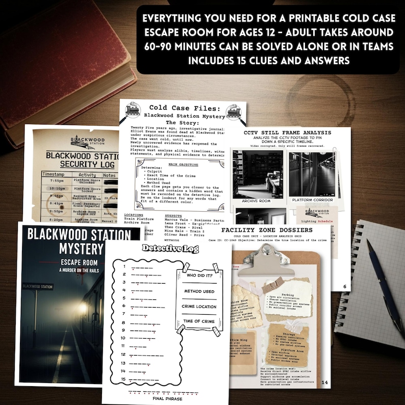 Detective train station murder mystery escape room printable cold case mystery game for teens & adults logic puzzle game night activity with 15  clues or puzzles, instructions, answers and certificate for win, great for ages 12 and up.