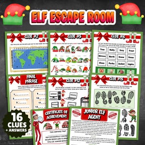 Christmas Escape Room Game, 16 Elf Logic Puzzles, Printable Holiday Party Game for Kids, Classroom Activity, DIY Scavenger Hunt