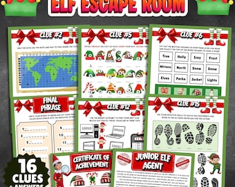 Kerst Escape Room-spel, 16 logische elfenpuzzels, afdrukbaar kerstfeestspel voor kinderen, klasactiviteit, doe-het-zelfspeurtocht