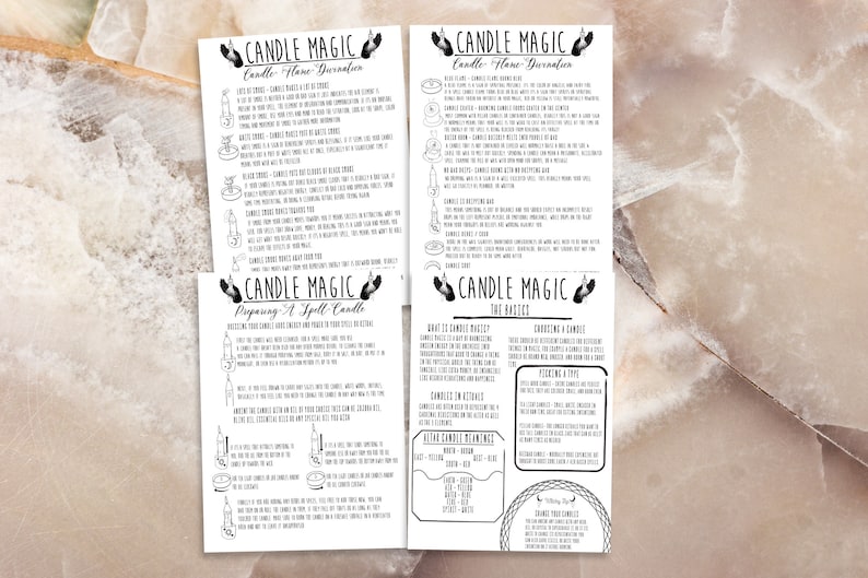 May include: A black and white printable guide to candle magic, with instructions on preparing a spell candle, candle flame divination, and the basics of candle magic.