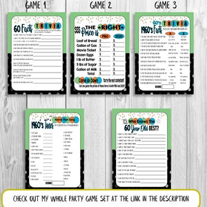 May include: A set of four printable party games with a 1960s theme. The games are titled "60 Facts Trivia", "The Right Price Is", "1960's Tunes", and "Who Knows The 60 Year Old Best?" The games are designed with a black and white polka dot background and green and blue accents.