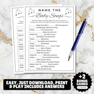 guess the baby song name the baby song printable music trivia game for baby showers and baby sprinkles, fun activity for newborn moms and mommy to be comes with 2 bonus games and a linked Spotify playlist for free with matching songs, guess the baby song name, answers included, just print and play
