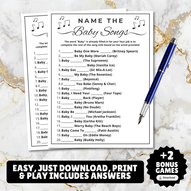 guess the baby song name the baby song printable music trivia game for baby showers and baby sprinkles, fun activity for newborn moms and mommy to be comes with 2 bonus games and a linked Spotify playlist for free with matching songs, guess the baby song name, answers included, just print and play