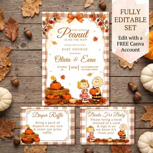 Puede incluir: Un conjunto de invitaciones para baby shower con fondo de cuadros vichy marrones y blancos, hojas de otoño, calabazas y personajes de Peanuts. El texto dice Our Little Peanut Is On The Way, Baby Shower, Olivia & Evan, Diaper Raffle y Books For Baby.