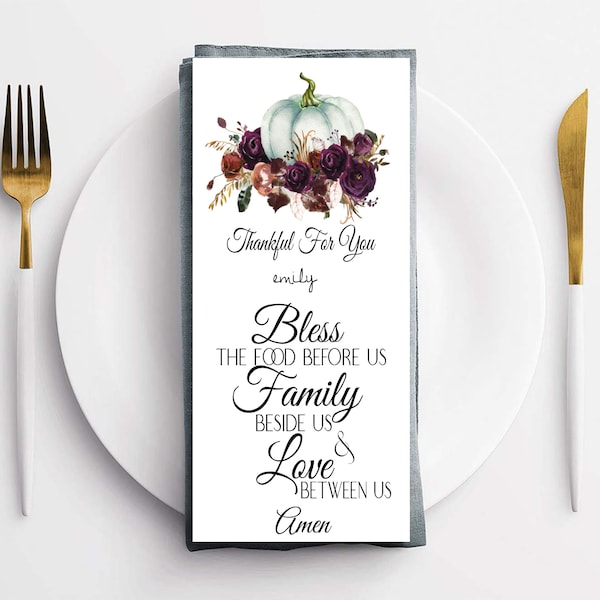 Thanksgiving Place Card, Table Decor, Thanksgiving Prayer, Decorations, Name Card,Blessing Card, Watercolor Pumpkin