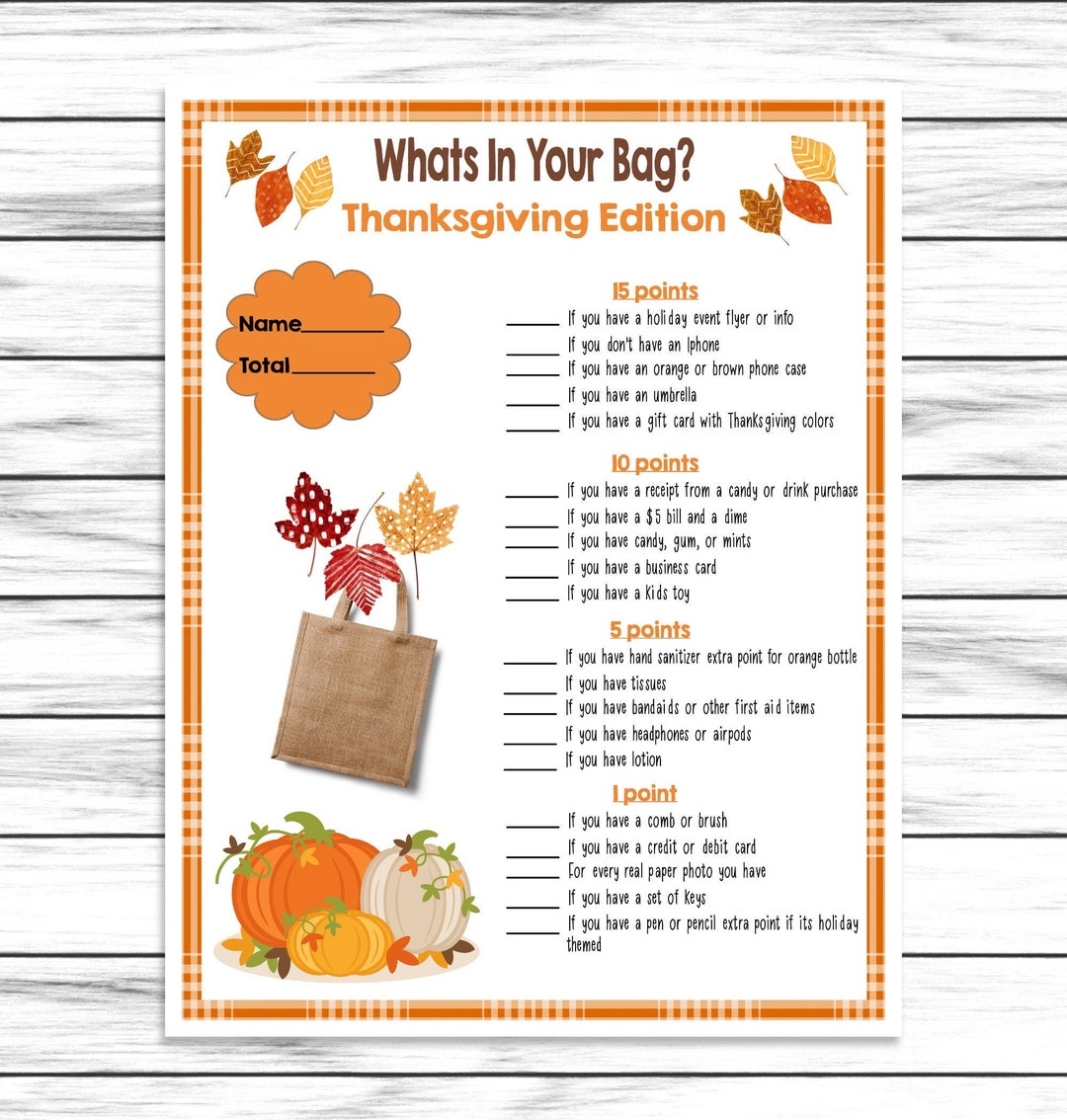 Thanksgiving Bag Purse Game, Printable or Virtual Turkey Day Quiz for