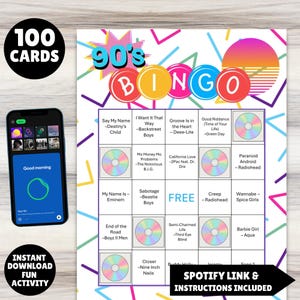 100 printable 1990s music greatest hits bingo cards with a linked Spotify playlist, simply print the cards, open the playlist link and you're ready to party and sing along to the hits from the 90s great for birthdays, seniors, theme parties, church events, office parties and gatherings.