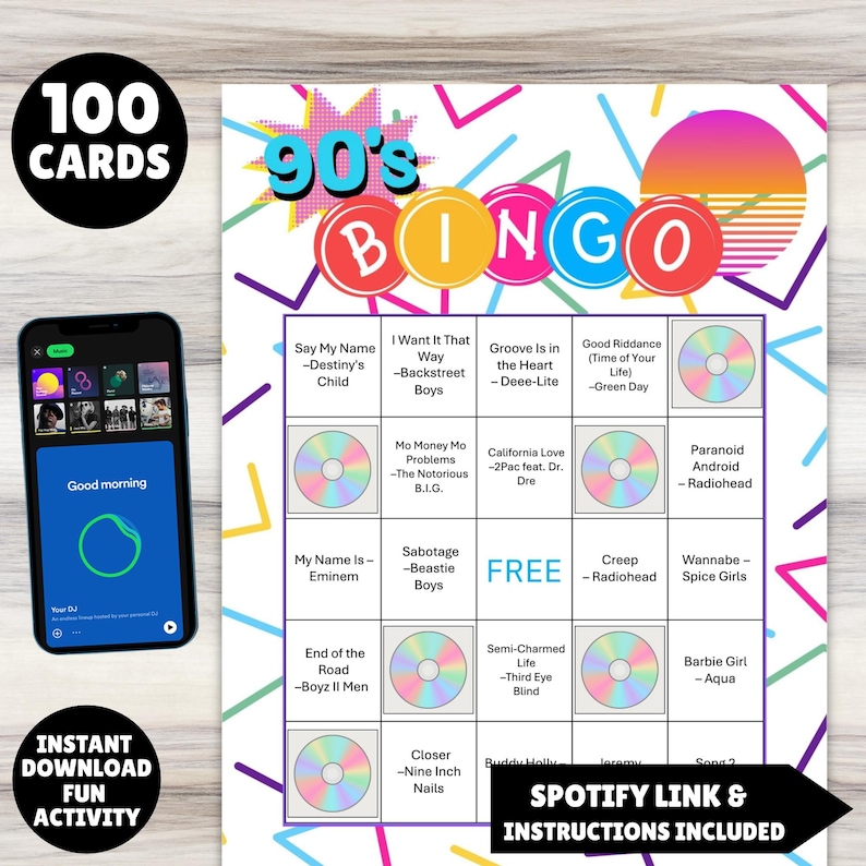 100 printable 1990s music greatest hits bingo cards with a linked Spotify playlist, simply print the cards, open the playlist link and you're ready to party and sing along to the hits from the 90s great for birthdays, seniors, theme parties, church events, office parties and gatherings.