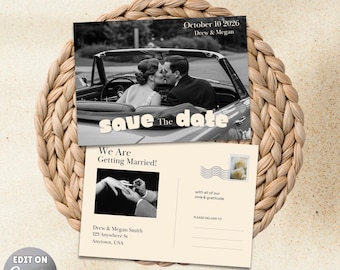 Editable Retro Save the Date Template | Vintage Photo Postcard for Canva | DIY Printable Wedding Announcement Photo Card