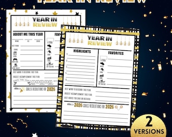 May include: Two printable "Year in Review" sheets with gold accents and the text "Year in Review 2025". One sheet is for kids and the other for adults. The sheets include sections for highlights, favorites, and goals for 2026.