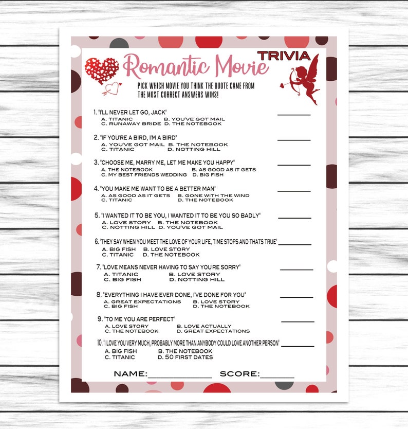 Valentines Romantic Movie Trivia Gamevirtual or Printable - Etsy
