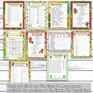 May include: A set of printable Cinco de Mayo party games. The games include "Find the Guest Bingo", "What's in Your Bag?", "Scattergories", "Emoji Pictionary", "What's in Your Phone?", "Guess the Phrase", and "Word Search".