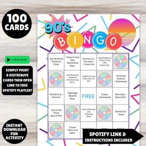 100 printable 1990s music greatest hits bingo cards with a linked Spotify playlist, simply print the cards, open the playlist link and you're ready to party and sing along to the hits from the 90s great for birthdays, seniors, theme parties, church events, office parties and gatherings.