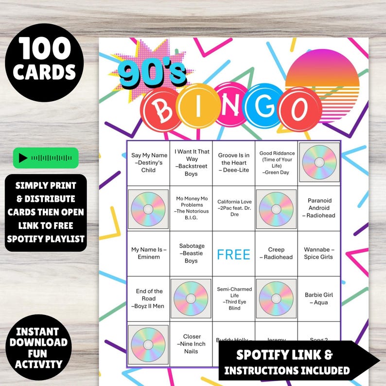 100 printable 1990s music greatest hits bingo cards with a linked Spotify playlist, simply print the cards, open the playlist link and you're ready to party and sing along to the hits from the 90s great for birthdays, seniors, theme parties, church events, office parties and gatherings.