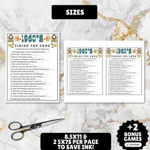 printable 1960s themed finish the song, find a guest who music icebreaker game, and 1960s emoji pictionary printable games with answers and Spotify playlist great for birthdays, seniors, church, classroom and baby showers or wedding showers.