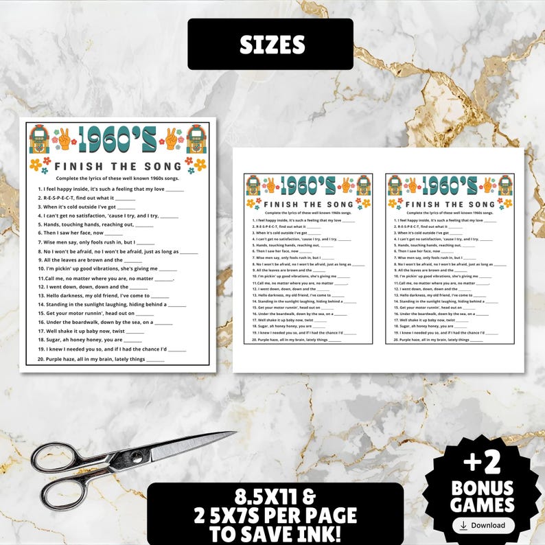 printable 1960s themed finish the song, find a guest who music icebreaker game, and 1960s emoji pictionary printable games with answers and Spotify playlist great for birthdays, seniors, church, classroom and baby showers or wedding showers.