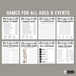 May include: Black and white printable game cards with titles like "Book & A Cookie", "Literary Match", "A-Z Character Race", "Book Word Search", "Finish the Phrase", "Emoji Book Series", "Roll a Bookmark", and "Guess the Price".