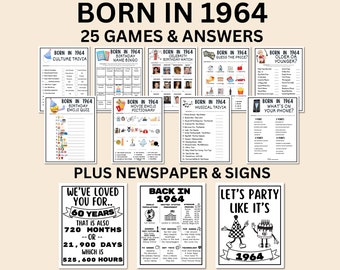 60th Birthday Printable Games Bundle | Born in 1964 Party Idea | 60th Bday Party Activities Man Woman 1964 Newspaper Poster Trivia Quiz