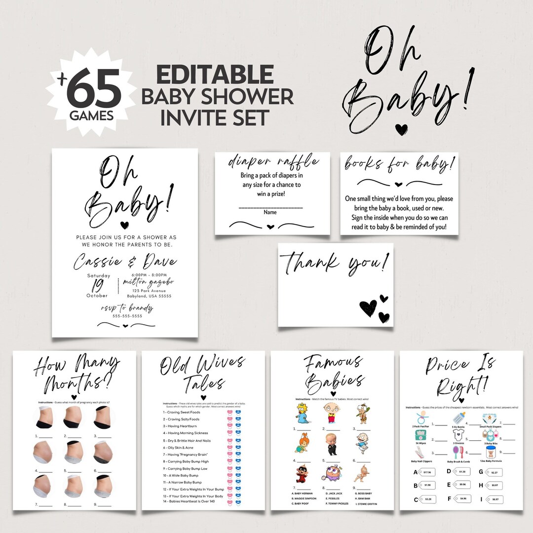 Editable Minimalist Oh Baby Shower Games and Invitation Bundle Etsy
