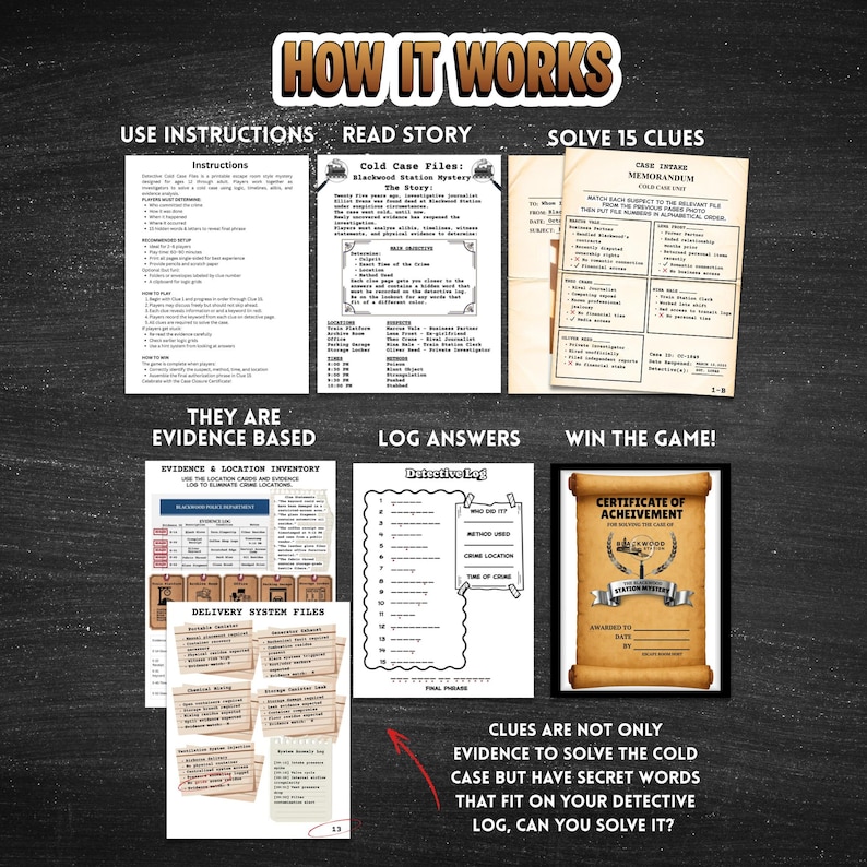 Detective train station murder mystery escape room printable cold case mystery game for teens & adults logic puzzle game night activity with 15  clues or puzzles, instructions, answers and certificate for win, great for ages 12 and up.
