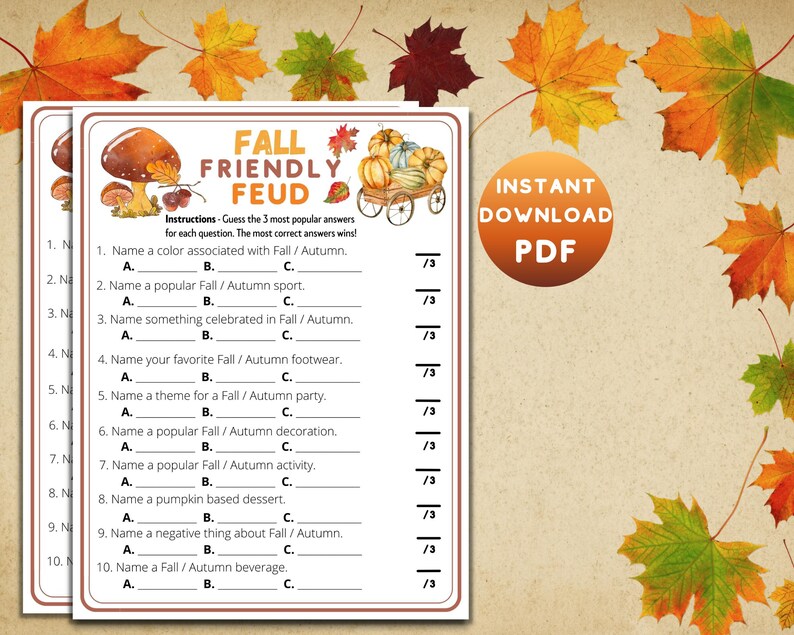 Fall Friendly Feud Trivia Quiz Printable Ideas Game Autumn Family
